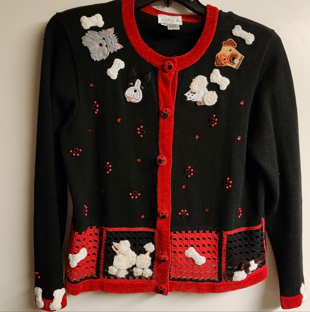 Just B, Women's Cute Black, red n white Sweater with dogs, Size Medium